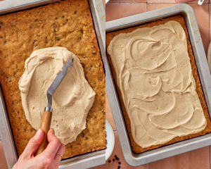 Side-by-side of spreading the frosting on top of the cooled banana bars.