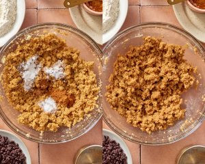 Side-by-side image of adding the dry ingredients to the creamed butter and sugar and mixing to combine.