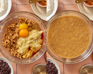 Side-by-side image of adding the wet ingredients to the batter and mixing to combine.