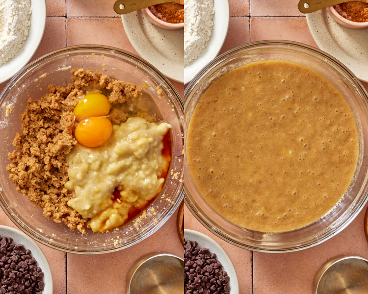 Side-by-side image of adding the wet ingredients to the batter and mixing to combine.