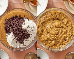Side-by-side image of adding the all-purpose flour and chocolate chips to batter and folding to combine.