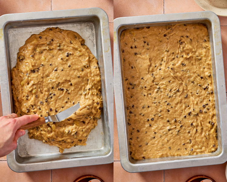 Side-by-side image of spreading the banana bar batter into a 9x13 dish.