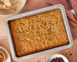 Cooked banana chocolate chip bars in 9x13 pan.
