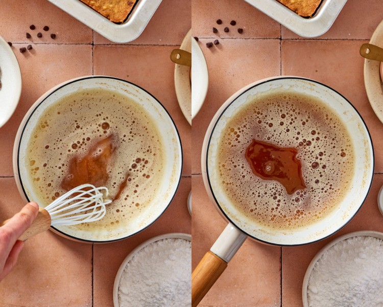 Side-by-side of constantly stirring the brown butter in a saucepan until it's nice and foamy.