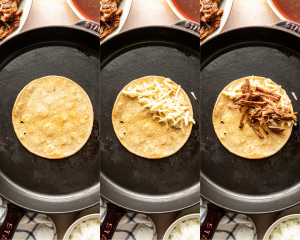 Three images side-by-side showing adding the tortilla to a hot skillet then adding the cheese and beef.