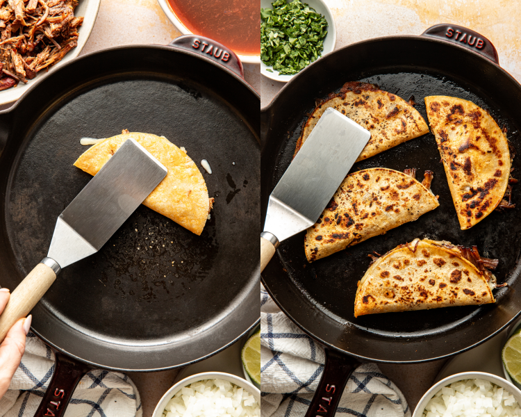 Side-by-sidei image of folding tortillas over on hot skillet and cooking birria tacos until seared on both sides.