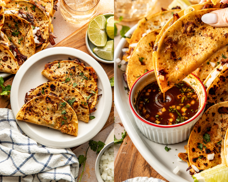 Side-by-side image of three birria tacos cooked and set on plate and then showing one taco being dipped into warm consom&eacute;.