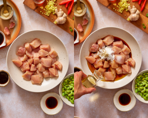 Side-by-side image of marinating the chicken in a separate bowl.