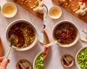 Side-by-side image of stirring the ingredients together for the sauce.