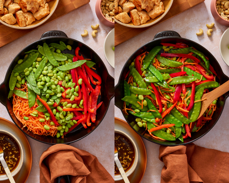 Side-by-side image of cooking the veggies in a pan.
