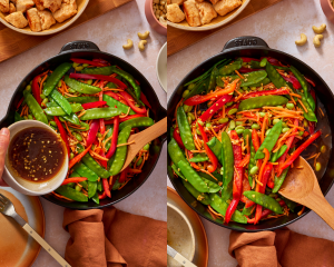 Side-by-side image of adding the sauce back to the veggies and letting it simmer.