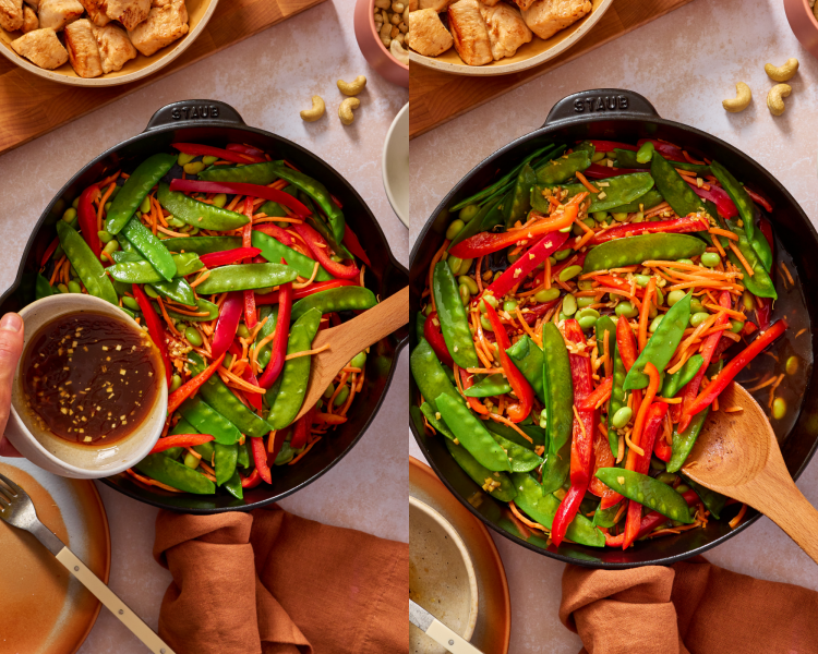 Side-by-side image of adding the sauce back to the veggies and letting it simmer.