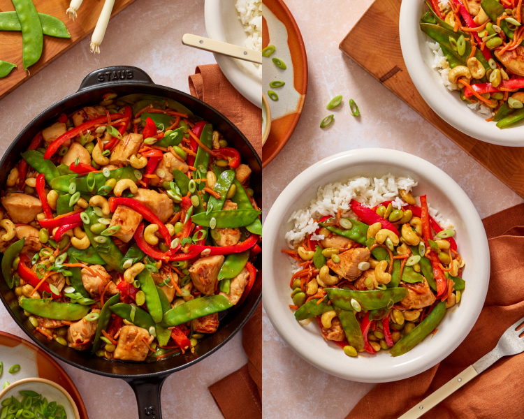 Side-by-side image of cashew chicken stir fry cooked in pan then served in a bowl on top of rice.