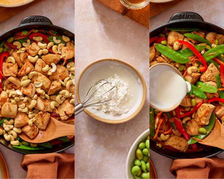 Three images showing adding the cashews and chicken back in the pan then adding the cornstarch slurry.