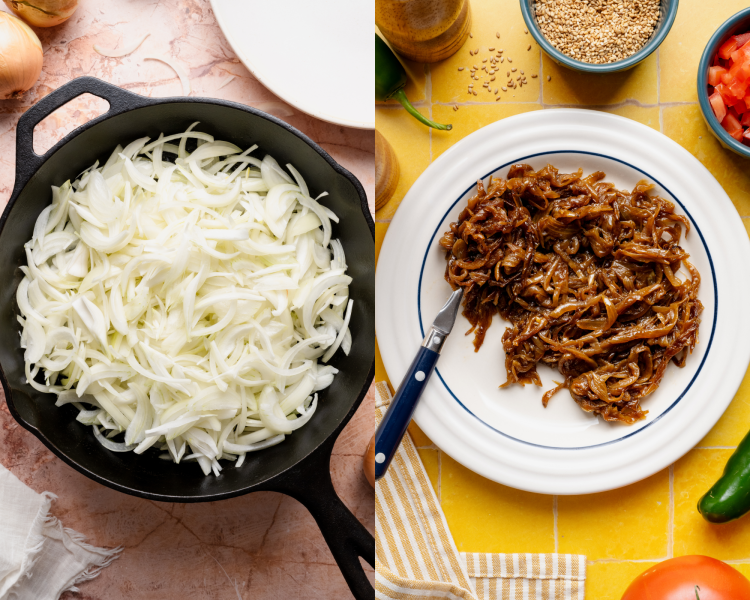 Side-by-side image of adding the onions to a skillet then setting aside on a plate once they are cooked.