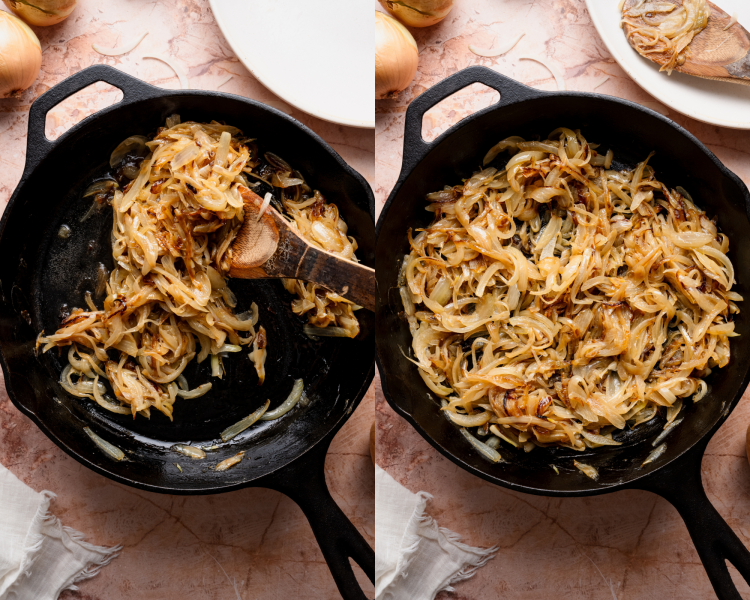 Side-by-side image of occasionally stirring the onions while the cook.