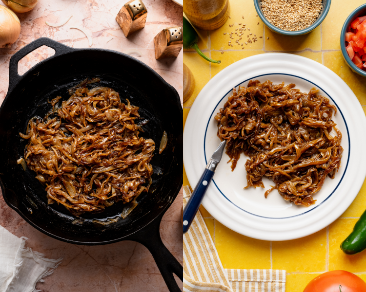 Side-by-side image of the cooked caramelized onions in a cast-iron skillet then set aside on a plate.