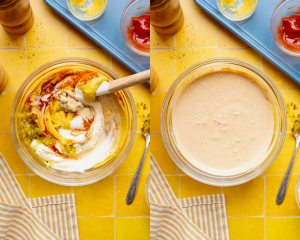 Side-by-side image of mixing the ingredients together for the burger sauce in a small bowl.