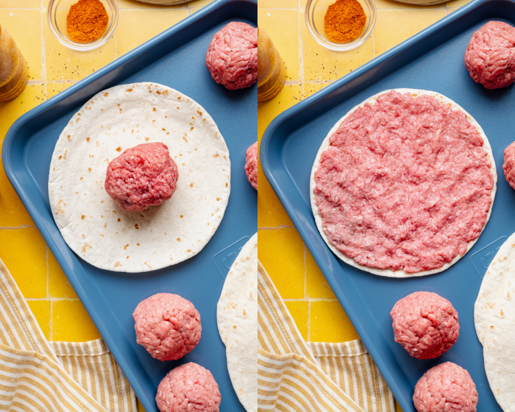 Side-by-side image of adding a ball of ground beef to the tortilla and spreading out evenly.