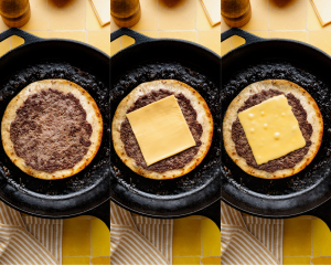Three images showing how to add the cheese to the burger taco once it's flipped on the cast iron skillet.