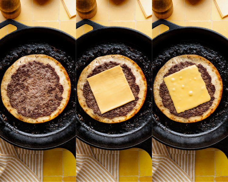 Three images showing how to add the cheese to the burger taco once it's flipped on the cast iron skillet.