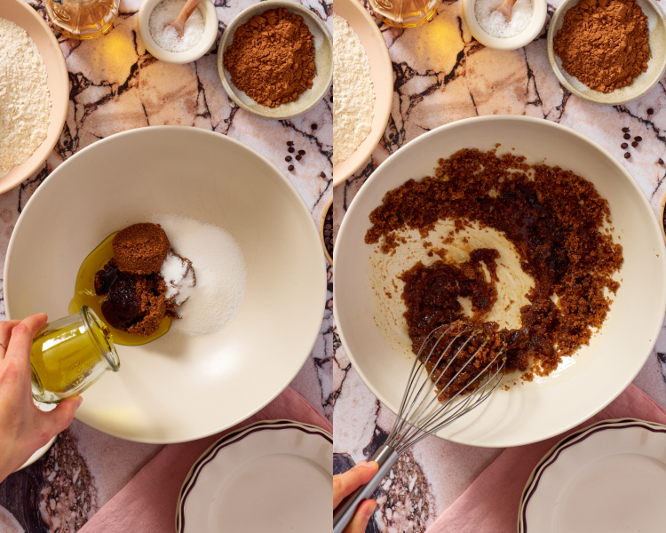 Side-by-side image of whisking the olive oil and sugars together in a bowl.