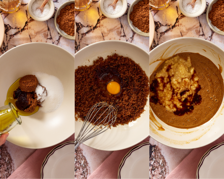 Three images showing mixing the wet ingredients together before adding the dry.