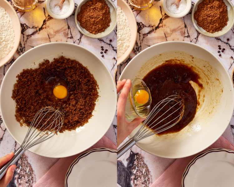 Side-by-side image of adding the eggs one at a time to the olive oil and sugar.
