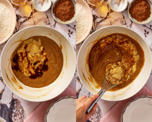 Side-by-side image showing whisking the banana and vanilla into the wet ingredients.