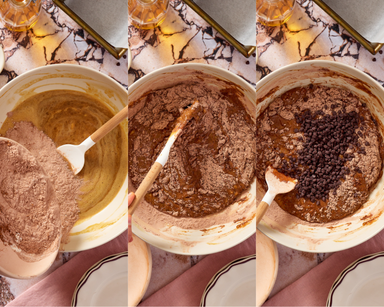 Three images showing whisking all the dry ingredients into the wet ingredients.