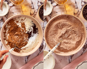 Side-by-side image of whisking the dry ingredients together in a separate bowl.