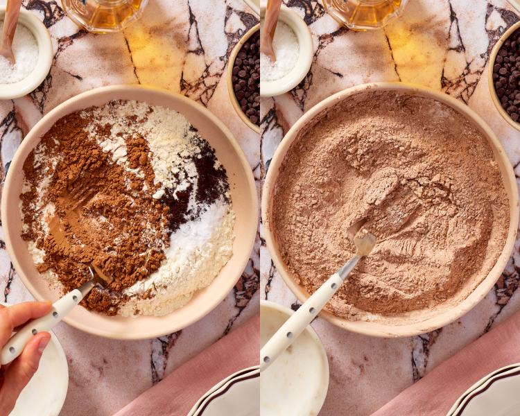 Side-by-side image of whisking the dry ingredients together in a separate bowl.