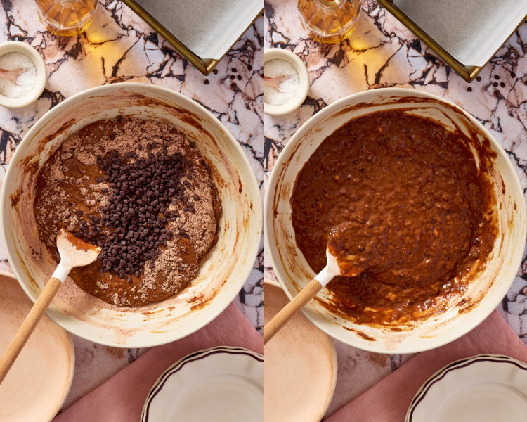 Side-by-side image of whisking the chocolate chips into the batter.