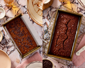 Side-by-side image of pouring the batter into a prepared loaf pan then topping with extra chocolate chips and baking the bread.