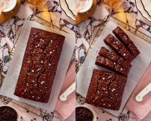 Side-by-side image of allowing baked banana bread to cool on wire rack then slicing the banana bread once it's cool.