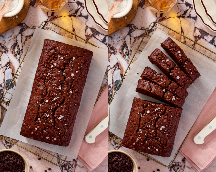 Side-by-side image of allowing baked banana bread to cool on wire rack then slicing the banana bread once it's cool.