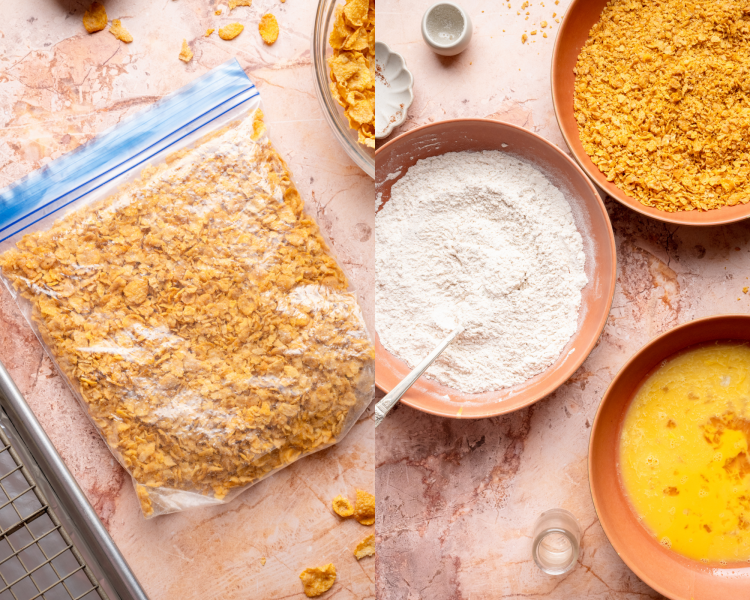 Side-by-side image of cornflakes crushed in ziplock bag and then setting up the 3 dredging stations in 3 shallow bowls.