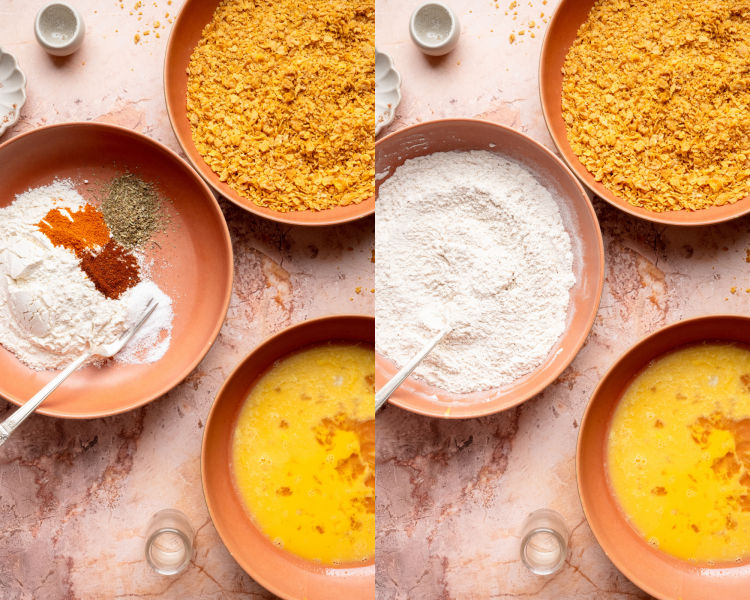 Side-by-side of mixing the flour mixture together and setting up dredging stations in 3 shallow bowls.