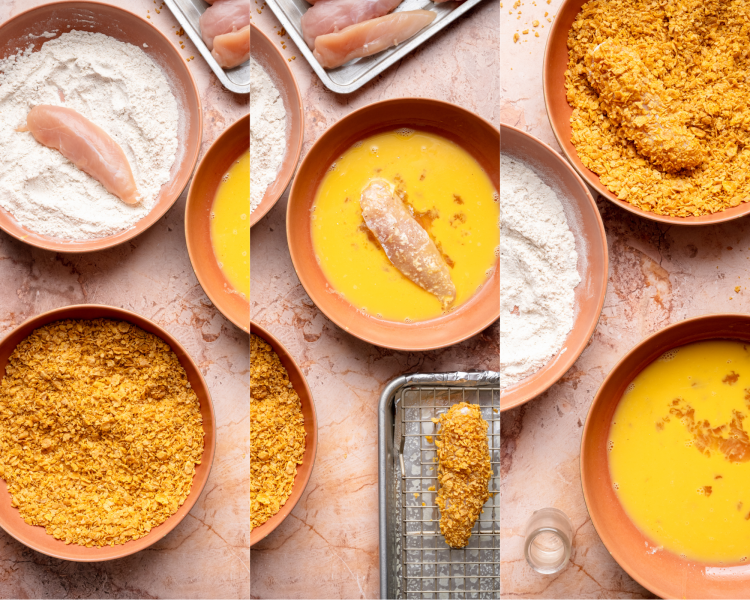 Three images side by side showing how to dredge the chicken tenders, first in the flour, then the egg, and lastly the cornflakes.