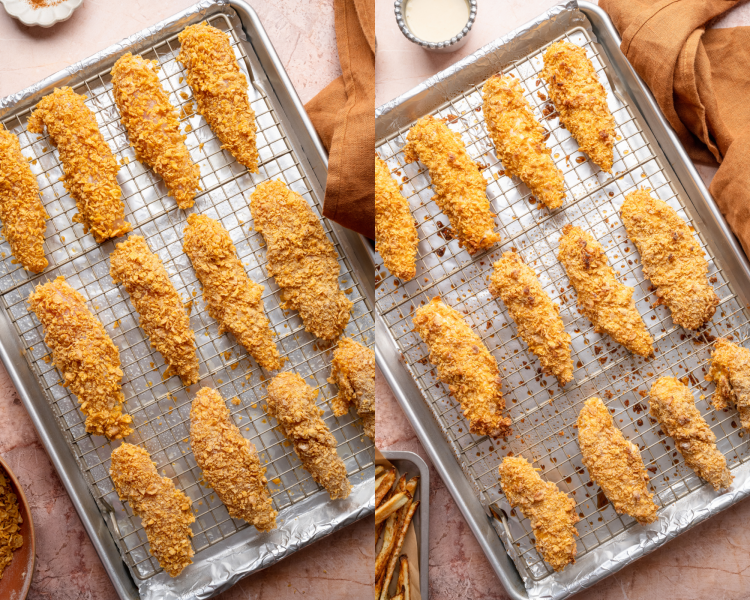 Side-by-side image of the chicken tenders placed on prepared baking sheet after breading then baking for 12-15 minutes.