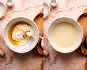 Side-by-side image of mixing the ingredients for the honey mustard dipping sauce in a small bowl.