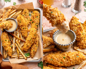 Side-by-side image of the cooked chicken tenders on a tray served with fries and one of the tenders being dunked into the honey mustard sauce.
