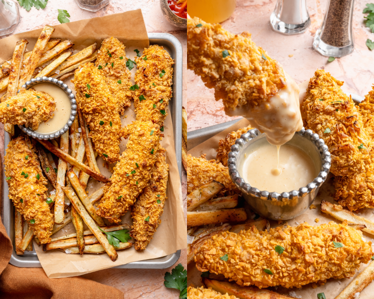 Side-by-side image of the cooked chicken tenders on a tray served with fries and one of the tenders being dunked into the honey mustard sauce.