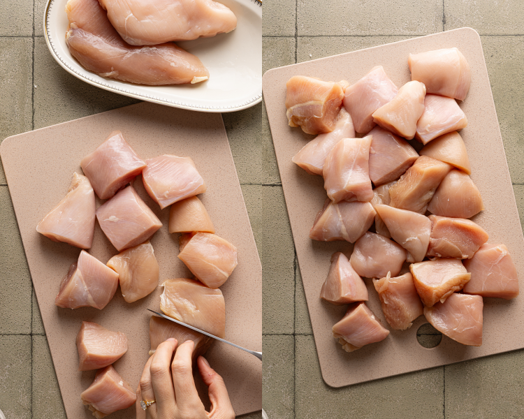 Side-by-side image of chopping chicken breasts into 1.5-inch pieces.