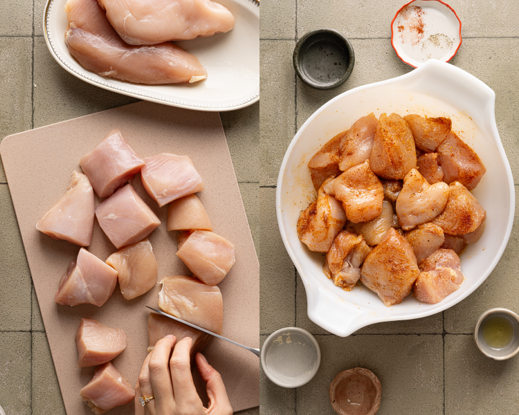 Side-by-side image of chopping chicken breasts into even-sized pieces then marinating with seasonings and olive oil.