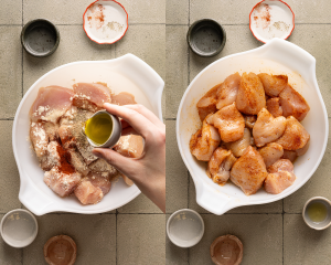 Side-by-side image of adding seasonings and olive oil to chopped chicken pieces and letting them marinate at room temperature for 15 minutes.