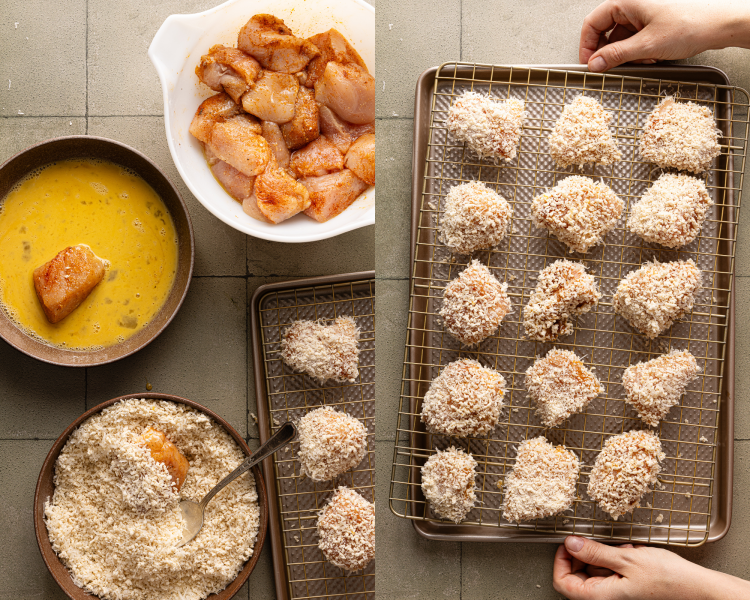 Side-by-side image of breading chicken nuggets then placing them on wire rack on top of baking tray.