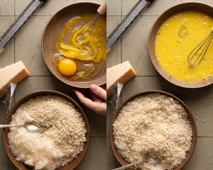 Side-by-side image of setting up the breading station with egg and parmesan and panko breadcrumbs.
