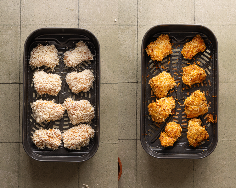Side-by-side image of cooking chicken nuggets in air fryer basket.