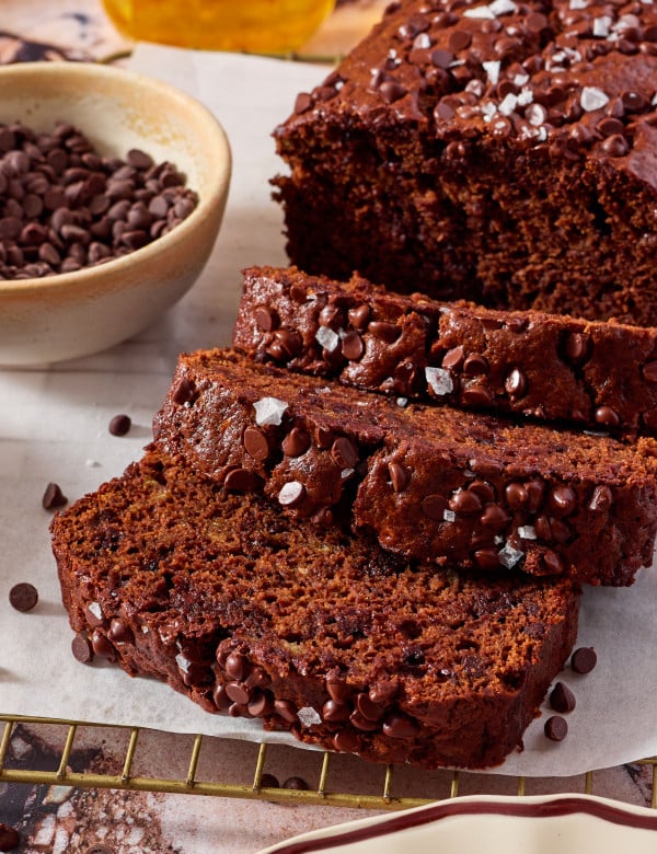 Sliced chocolate olive oil banana bread.